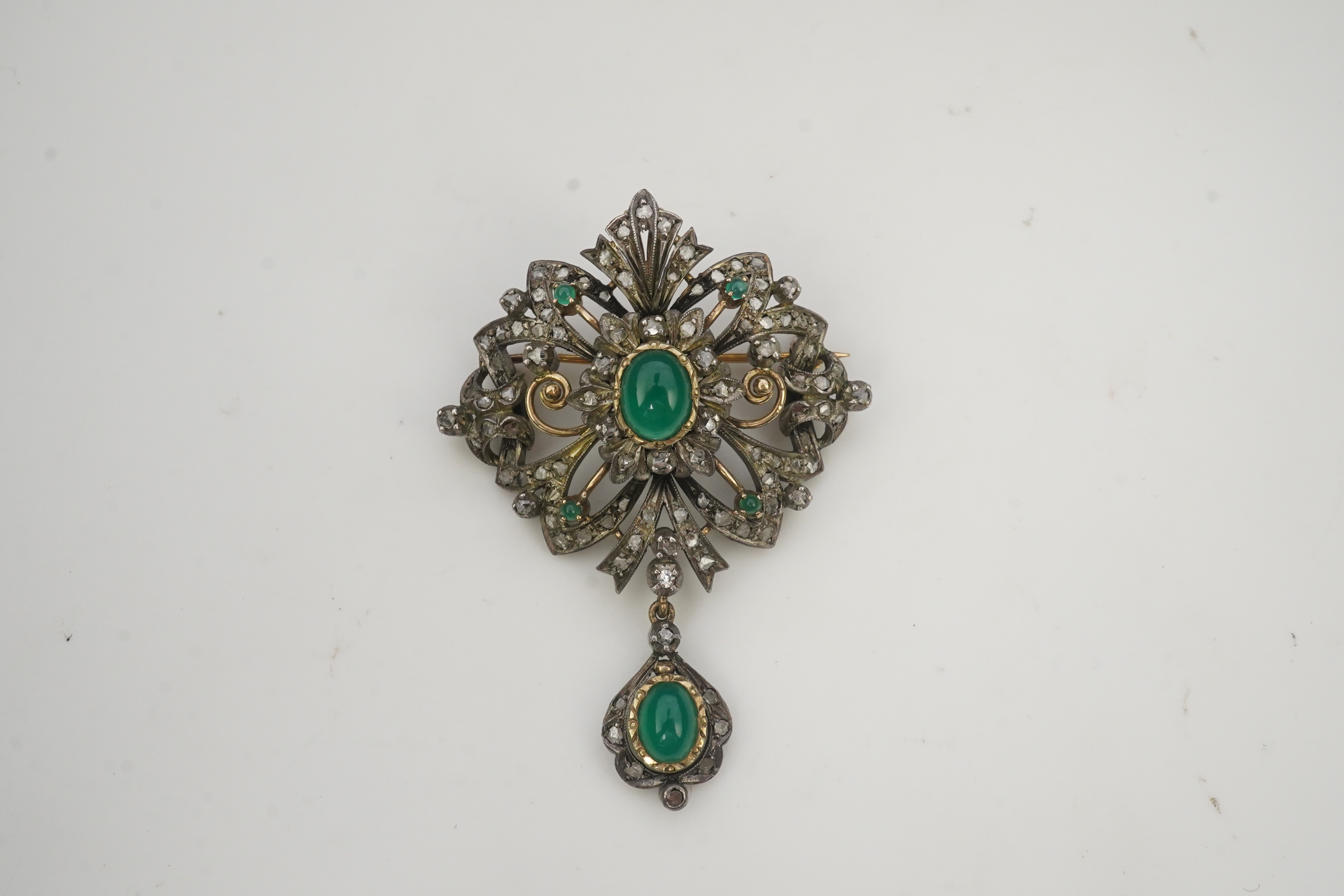 A green chalcedony and diamond brooch, mid 20th century